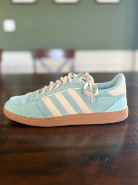 adidas Mint Green Suede Sneakers with Cream Stripes and Gum Sole